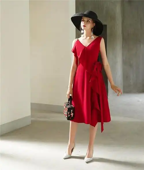 【菲麦司】晚礼服平时可穿女敬酒服酒红色秋冬款生日小洋装派对小个子