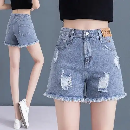 破洞牛仔短裤女薄款2022年夏季新款高腰显瘦a字毛边垂感直筒短裤