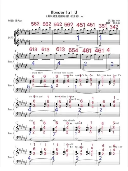 wonderful u 简谱 张含韵 钢琴谱_琴谱_乘风破浪的姐姐影评_知识_艺术