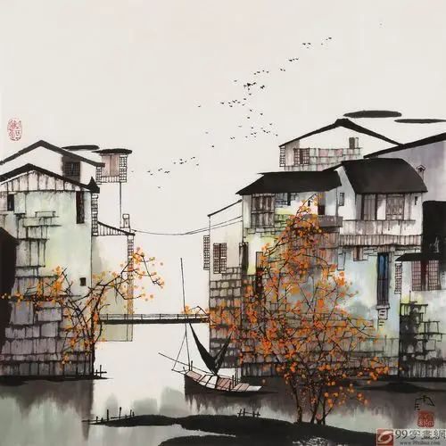苗雨 四尺斗方《江南秋韵》 辽宁工美教授 - 写意山水画 - 99字画网