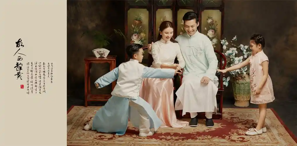 亲子装影楼全家福写真摄影一家四口拍照服装中国风民国长衫旗袍