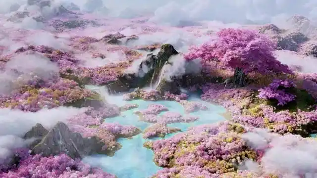 被霞光流云包裹,以金,白,玉的辉煌质感为主的九重天呈现出仙界天宫的