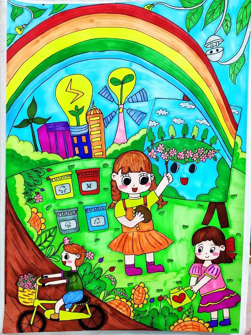 环保主题绘画来啦 96少儿美术:《阳光,绿色》 78年龄段:7 - 抖音