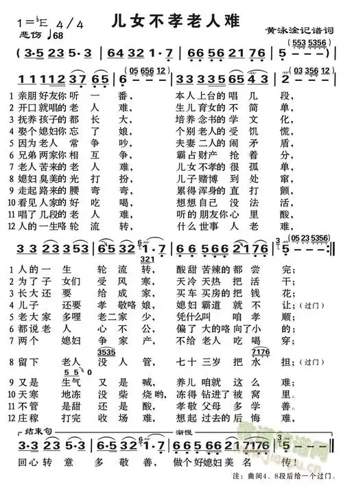 黄泳淦   根据北方调给合我山区唱法改编 《儿女无孝老来难》简谱