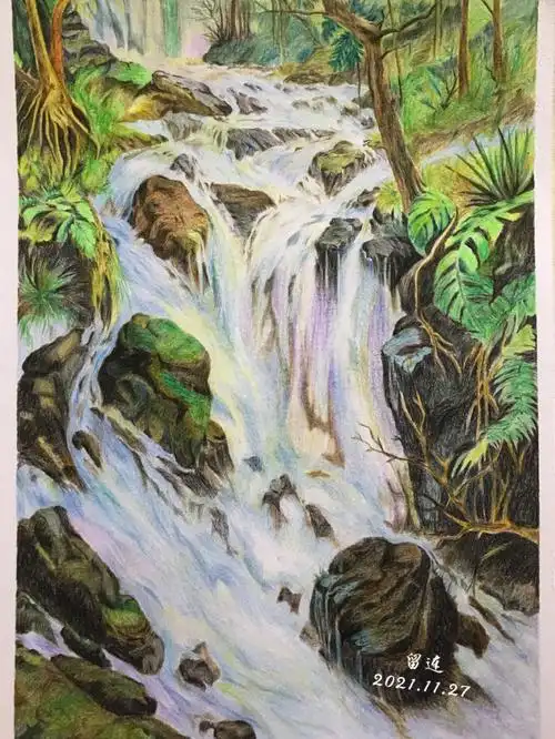 彩铅画l多彩瀑布