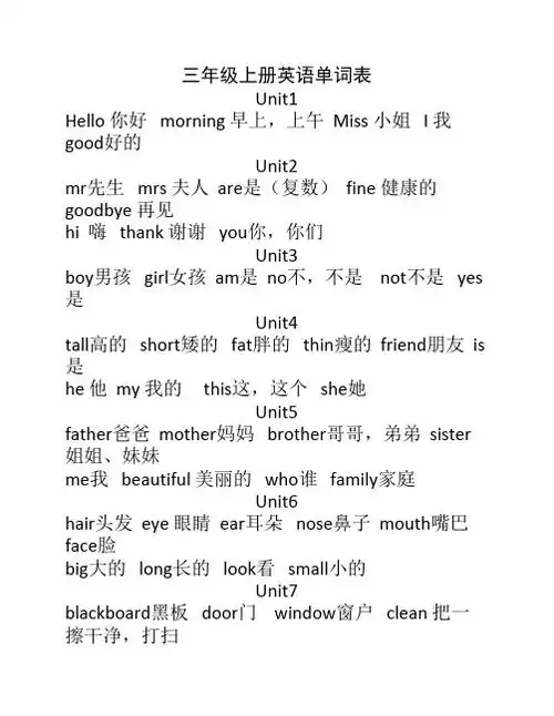 三年级上册英语单词表 unit1 hell 你好 mrning 早上,上午 miss 小姐