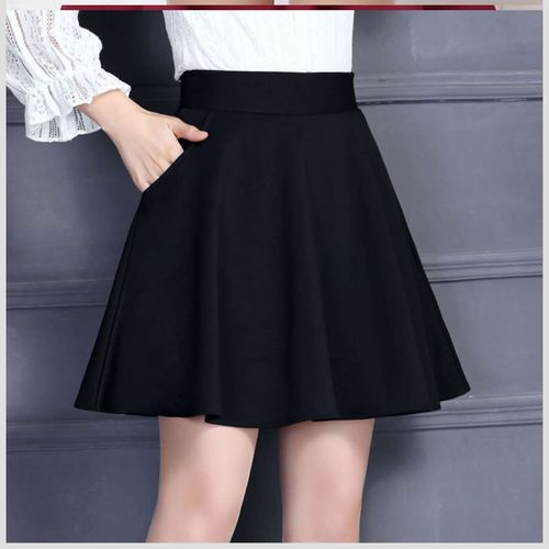 夏春季黑色裙子松紧腰a字短裙伞裙半身裙女百褶蓬蓬春天打底裙.