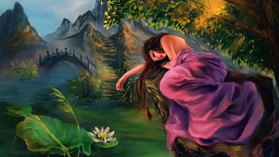 女孩,池塘,百合,莲子唯美意境画桌面壁纸高清大图预览1920x1080_唯美