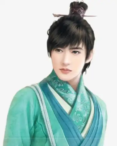 手绘绿袍束发男子