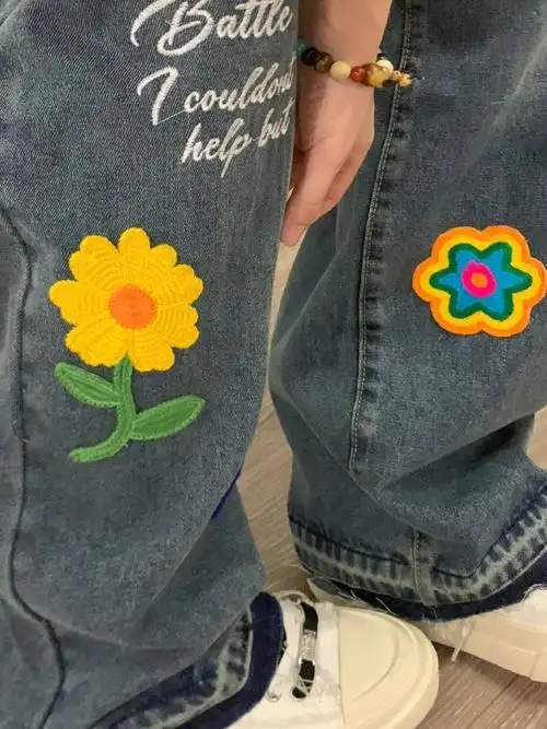 一条贴布花瓣牛仔直筒!高腰直筒裤 美式牛仔裤高腰阔腿裤