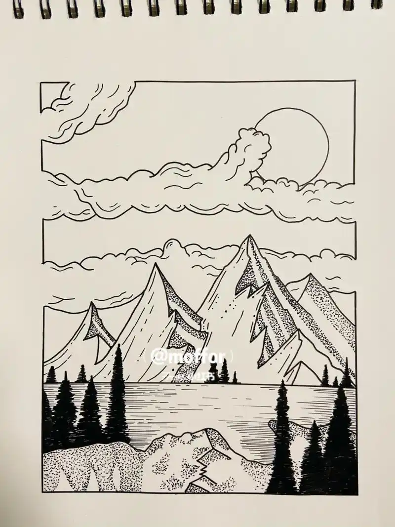 day 39  黑白装饰画 | 风景 | 有过程图哦 临摹来自 针管笔用了0.