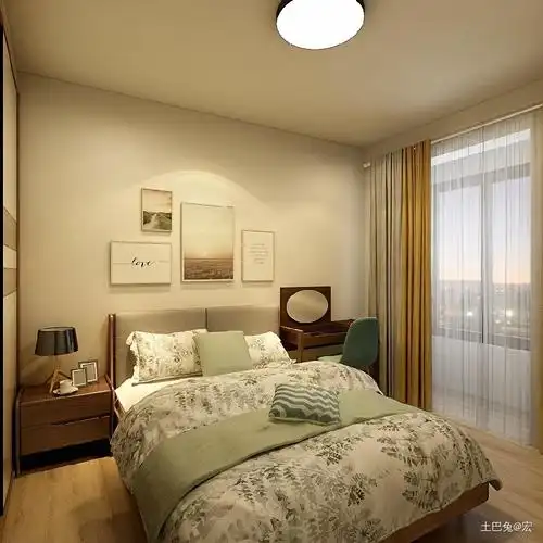 卧室以原木色为主色,搭配浅色的床品,淡黄色的窗帘,整体感觉温馨自然.