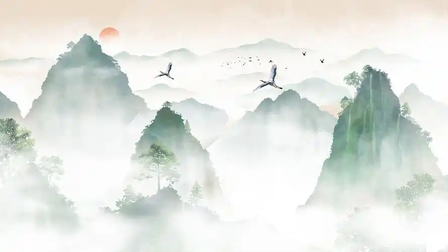 古风山水插画手绘国风风景背景写意山水画仙鹤山峰群山古风中国风古风