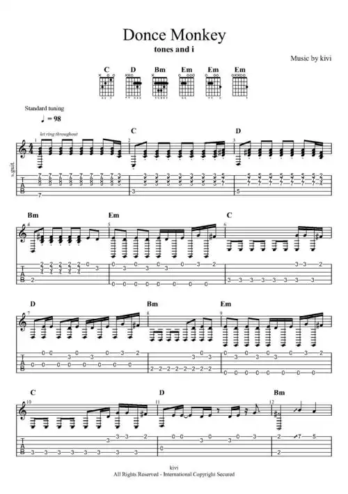 dance monkey吉他谱_c调指弹谱_tones and i_吉他指弹视频_原版吉他谱
