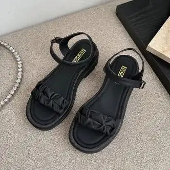 凉鞋女仙女风厚底松糕沙滩鞋2023年夏季新款学生网红百搭平底黑色35