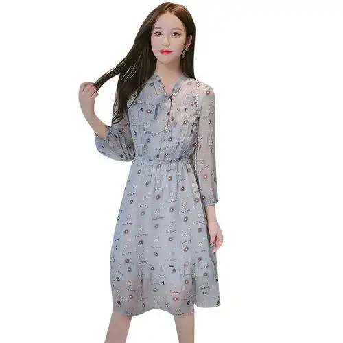 新款韩版连衣裙打底百搭显瘦洋气雪纺长袖碎花长款复古风2022春装