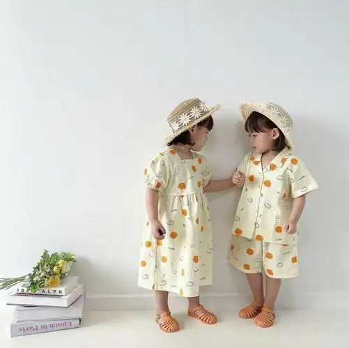 姐弟装韩国儿童服装夏季套装小童夏装女童短袖连衣裙男童韩版两件