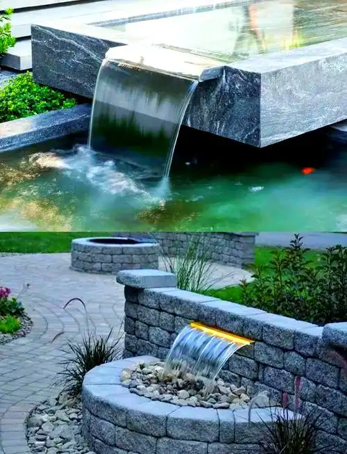 跌水景观,如瀑布般直上直下,水花四溅,增加空气湿度,净化尘埃