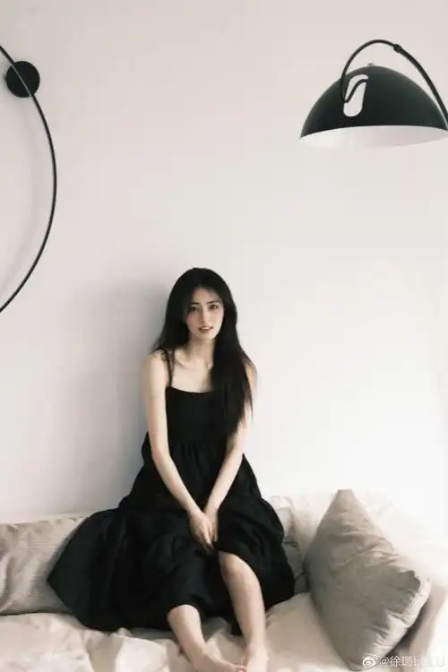 徐璐在个人社交平台晒出一组黑色连衣裙造型随拍,她披散长发在沙发上