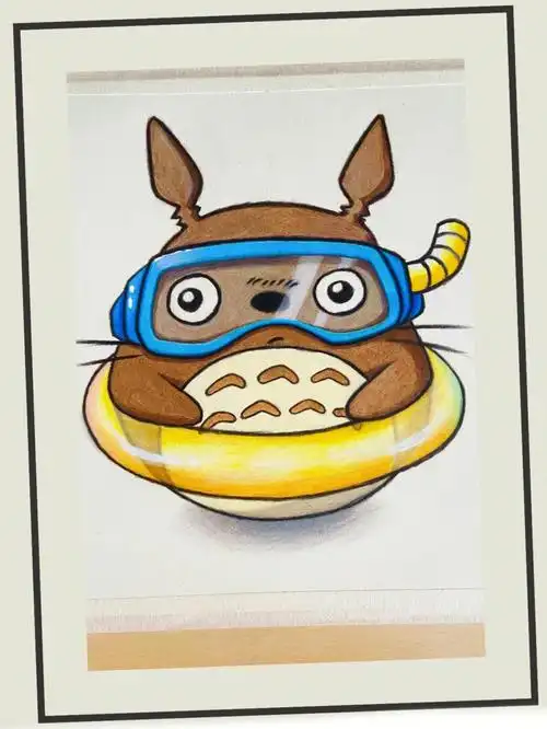 彩铅画会游泳的龙猫