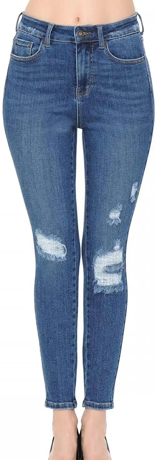 khanomak女式90年代风格破洞中高腰及踝紧身牛仔裤