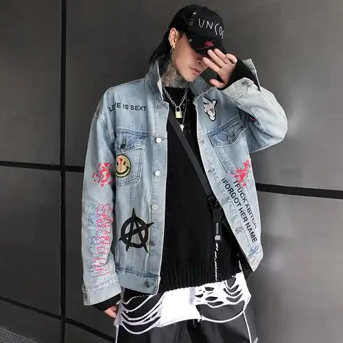 hiphop欧美街头风涂鸦印花嘻哈牛仔外套男潮牌宽松国潮牛仔衣夹克