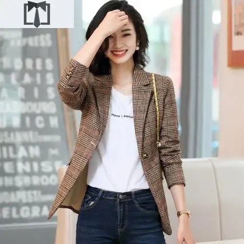 suntek格子西装外套女春秋短款韩版百搭休闲上衣修身收腰小个子150cm