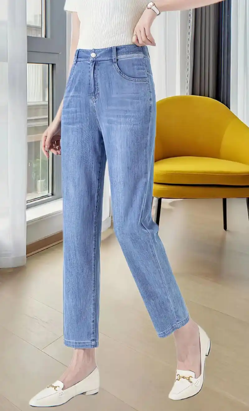 天丝牛仔裤女夏季薄款宽松裤子冰丝九分裤显瘦哈伦裤