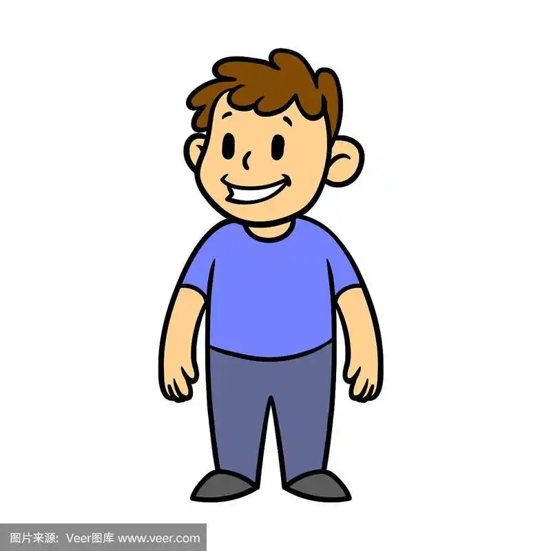 微笑的男孩穿着蓝色衬衫站直,卡通人物设计.