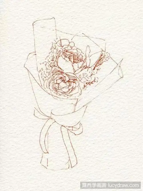 外部花瓣的颜色越来越浅;第四步:继续用少许的水,调一笔灰色,画手捧花