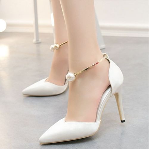 时装细跟白色高跟鞋2022新款仙女风珍珠性感中空一字带尖头女凉鞋