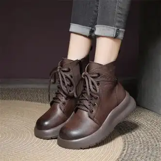 靴女短靴英伦风厚底秋冬季加绒羊毛系带保暖女靴子加厚棉棕色羊毛35