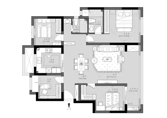 128平四居室户型图
