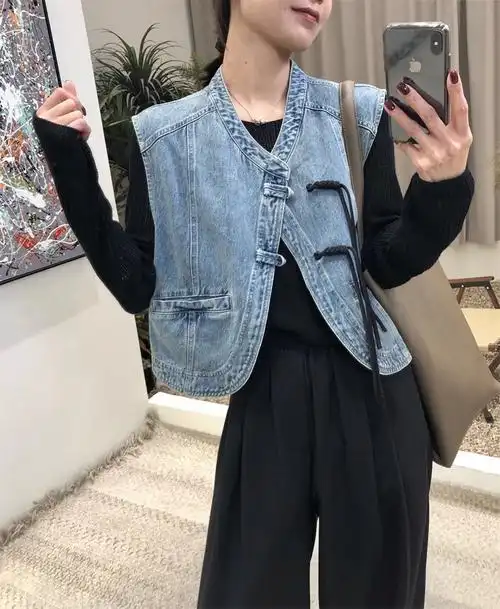 韩版新中式复古高级感蓝色牛仔马甲女盘扣坎肩马夹背心 - 17网