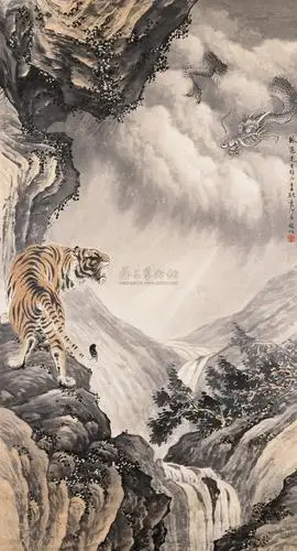 【龙虎图轴 立轴 设色纸本】拍卖品_图片_价格_鉴