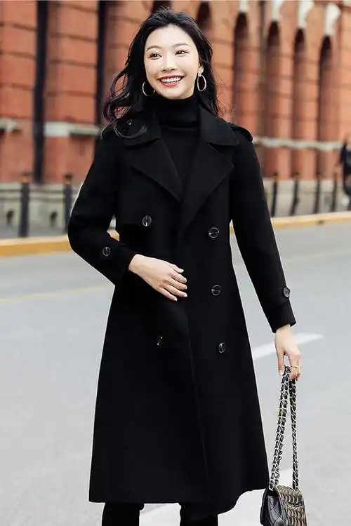 加棉黑色大衣女中长款新款秋冬高端赫本风毛呢外套