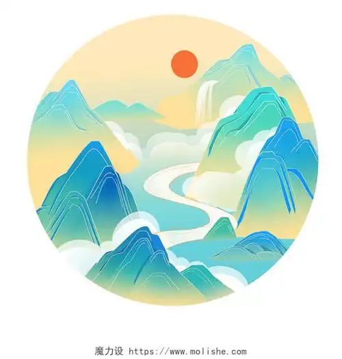 手绘卡通国潮山水卷轴原创插画素材卷轴元素 - 魔力设