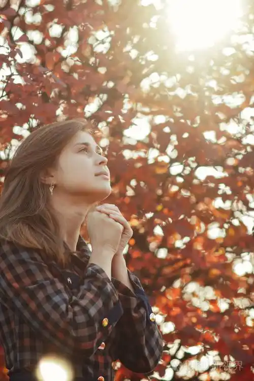 一位年轻女子在大自然中祈祷的画像女孩双手合十在下巴上感谢上帝与