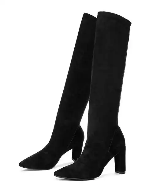 2016年新品黑色羊猄尖头粗跟弹力长靴