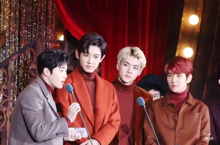 2016mma颁奖典礼 年度最佳艺人exo 橘红色这身太好看 金俊勉 朴灿烈