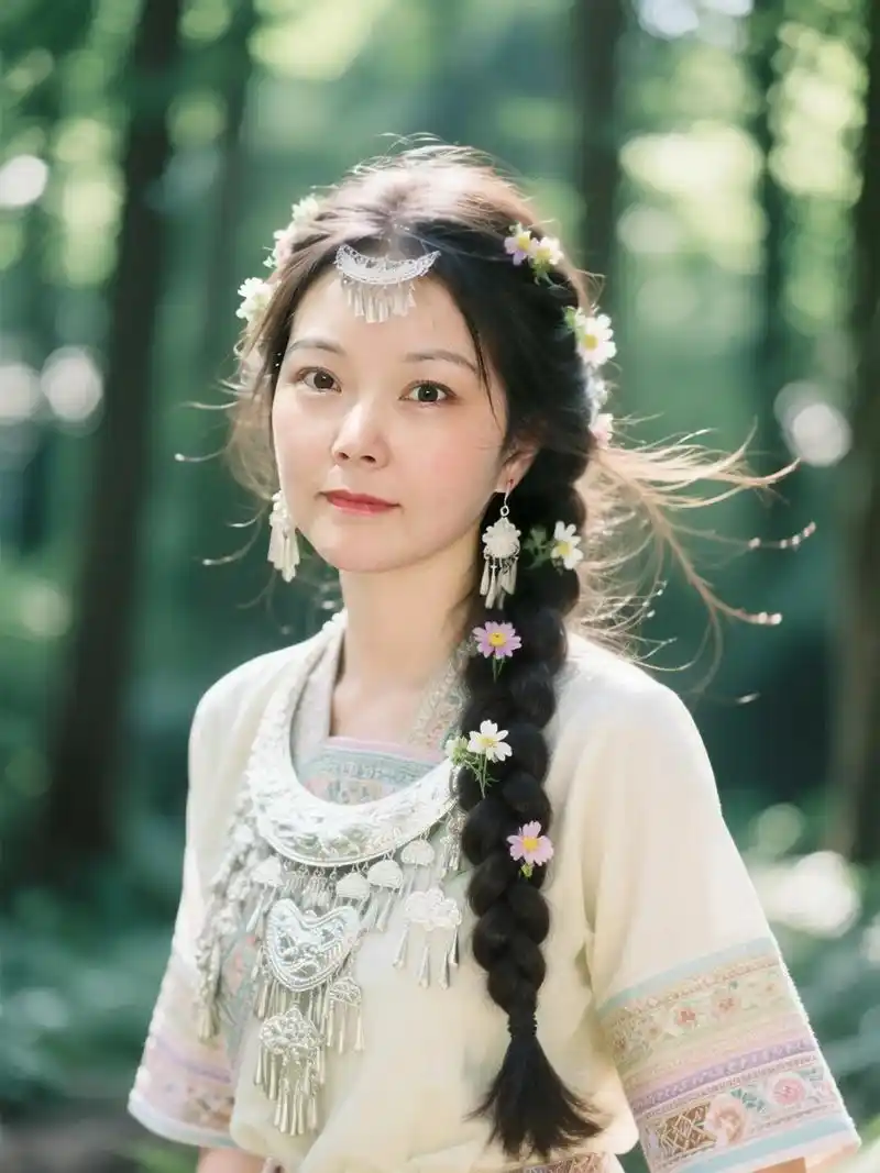 al把我变成一个苗族美女,扎着蓬松的网红单麻花辫,辫子上插着