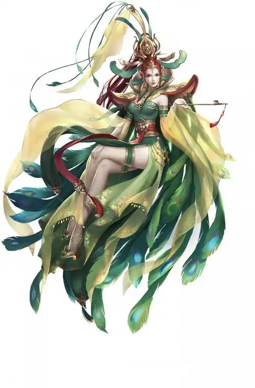 插画中国风古装3d古风孔雀尾美女