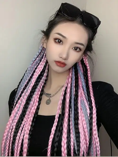 脏脏辫假发女机车彩色渐变小麻花辫子马尾双马尾假辫子发绳头饰09深