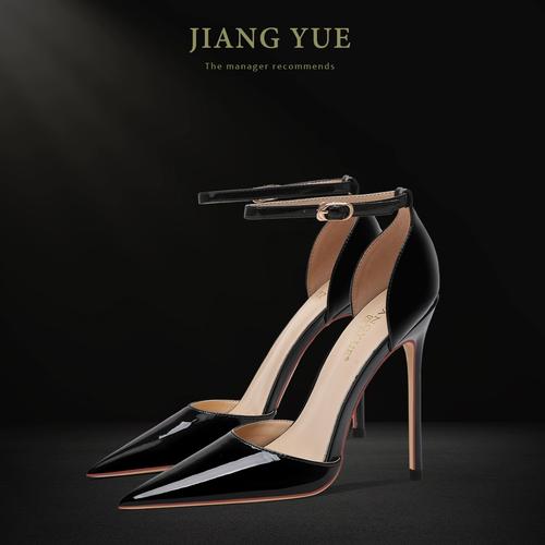 黑色漆皮中空一字扣高跟鞋女尖头细跟性感2022年新款春秋凉鞋12cm