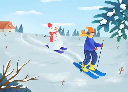 快乐冬天立冬元素手绘二十四节气小冬滑雪的男孩和雪人背景海报素材