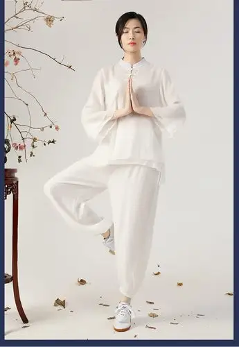 夏季太极服女太极拳棉麻亚麻练功服表演服白色新款服装套装米白套装s