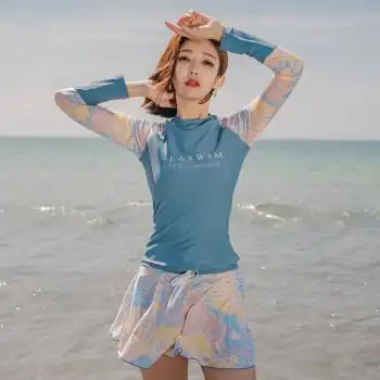 2022游泳衣女分体式保守遮肚显瘦韩国泡温泉款运动泳装两件套 长袖至