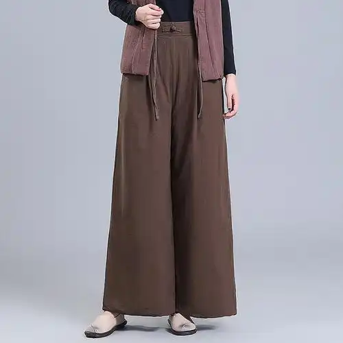 亚麻垂感阔腿裤冬季复古夹棉女式棉裤棉麻裤宽松大码民族风直筒裤