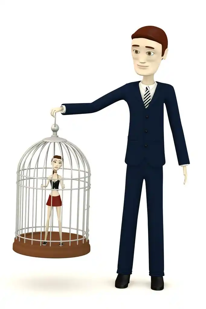 3d 呈现器的卡通女孩关在笼子里的鸟