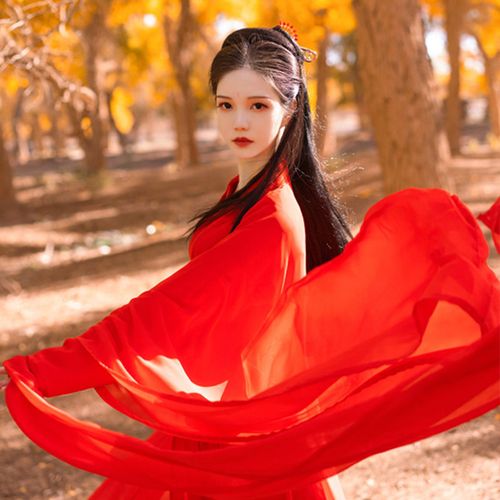纤晟伊汉服女学生齐腰大袖红色古装交领仙日常女侠表演舞台服 红色 s